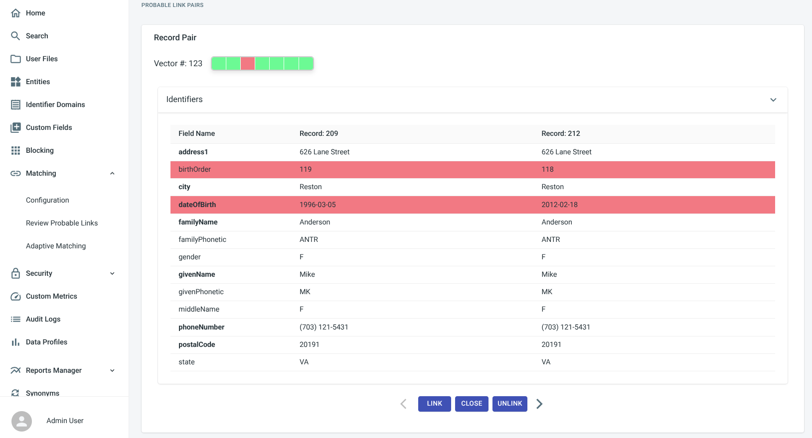 OpenEMPI cluster review screen comparing two candidate records side by side, with mismatched fields such as birthOrder and dateOfBirth highlighted and Link, Close, and Unlink actions