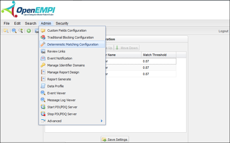 Matching Configuration screenshot