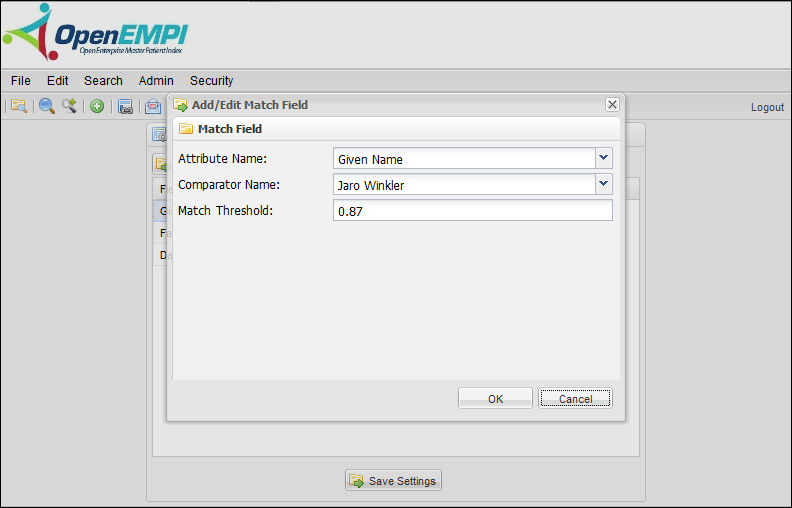 Matching Configuration screenshot