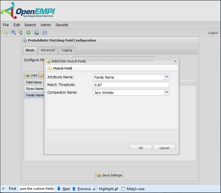 Matching Configuration screenshot