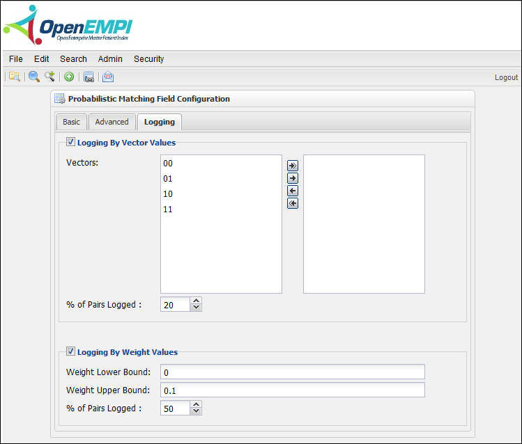 Matching Configuration screenshot