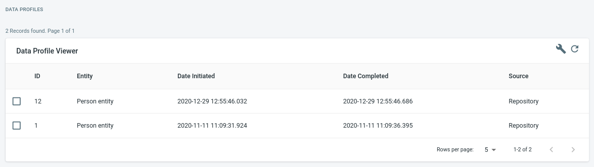 Data Profiles Page screenshot