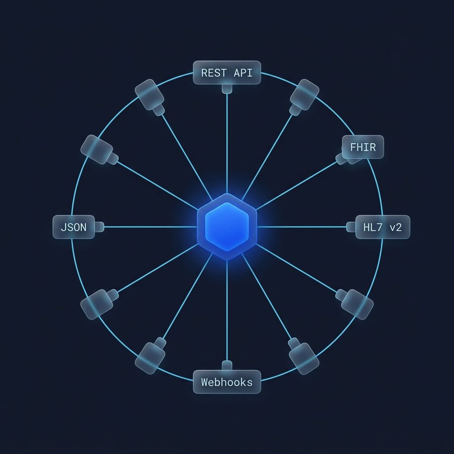 A hub-and-spoke diagram connecting a central node to REST API, FHIR, HL7 v2, Webhooks and JSON endpoints.